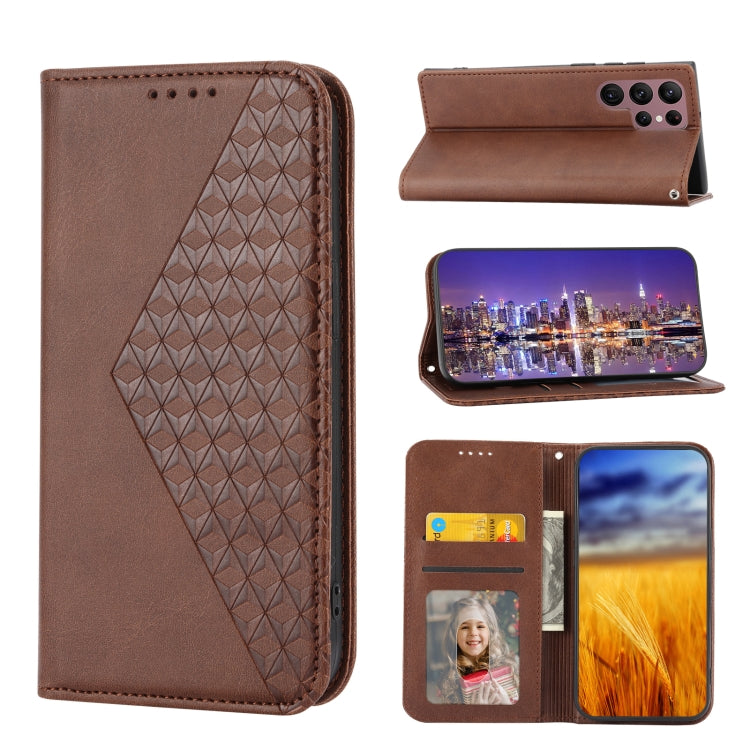 Cubic Grid Calf Texture Magnetic Leather Phone Case