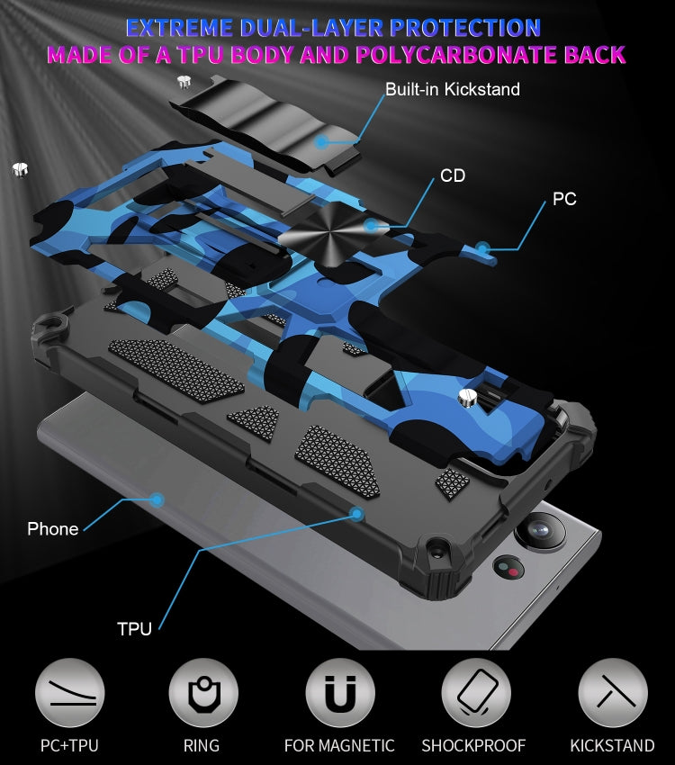 Camouflage Armor Kickstand TPU + PC Magnetic Phone Case, For Samsung Galaxy S23 Ultra 5G
