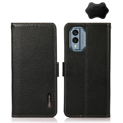 KHAZNEH Side-Magnetic Litchi Genuine Leather RFID Phone Case, For Nokia X30 5G