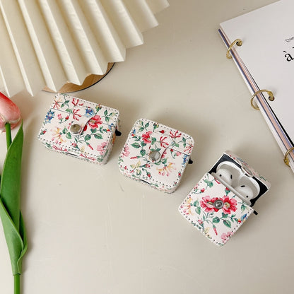 White Floral PU Leather Wireless Earphone Case