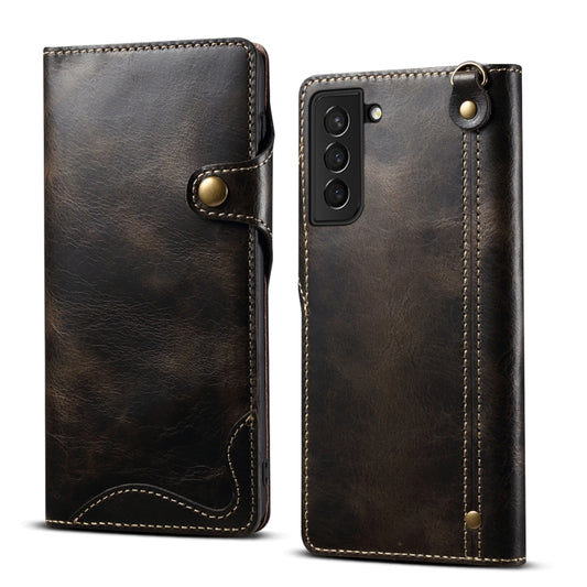 Denior Oil Wax Cowhide Magnetic Button Leather Phone Case