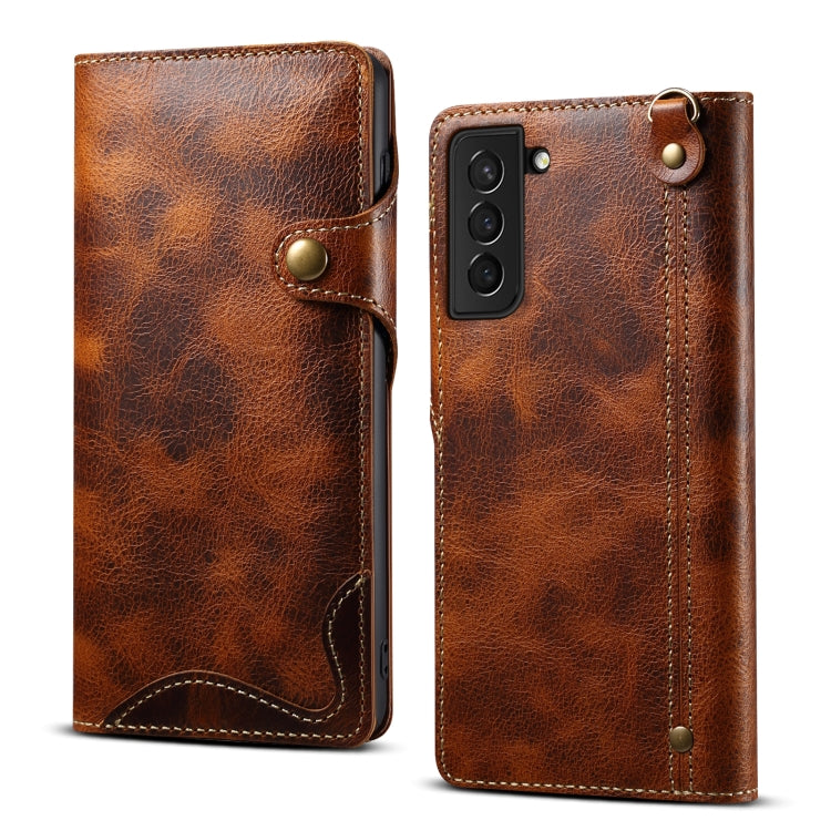 Denior Oil Wax Cowhide Magnetic Button Leather Phone Case