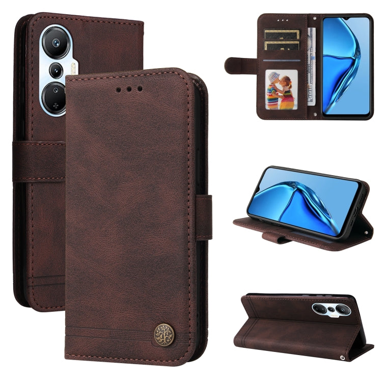 Skin Feel Life Tree Metal Button Leather Phone Case