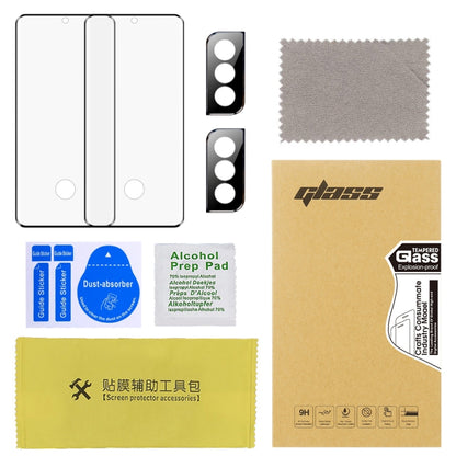 2pcs 3D Edge Glue Tempered Glass Full Film with 2pcs Aluminum Lens Film Set, Support Fingerprint Unlock