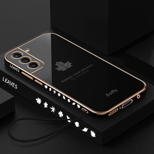 9D Plating Maple Leaf Silicone Phone Case with Strap, For Samsung Galaxy S23 5G, For Samsung Galaxy S23+ 5G, For Samsung Galaxy S23 Ultra 5G, For Samsung Galaxy S22 5G, For Samsung Galaxy S22+ 5G
