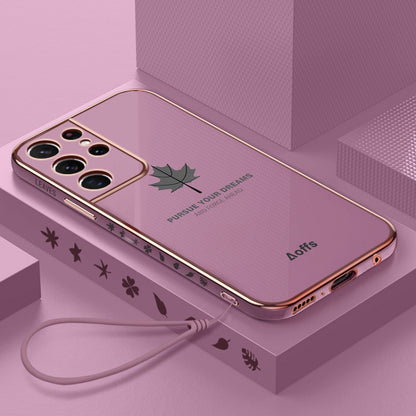 9D Plating Maple Leaf Silicone Phone Case with Strap, For Samsung Galaxy S23 5G, For Samsung Galaxy S23+ 5G, For Samsung Galaxy S23 Ultra 5G, For Samsung Galaxy S22 5G, For Samsung Galaxy S22+ 5G