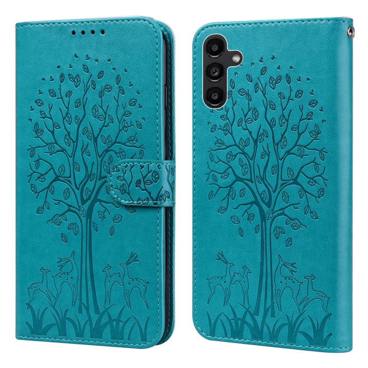 Tree & Deer Pattern Pressed Printing Horizontal Flip Leather Phone Case