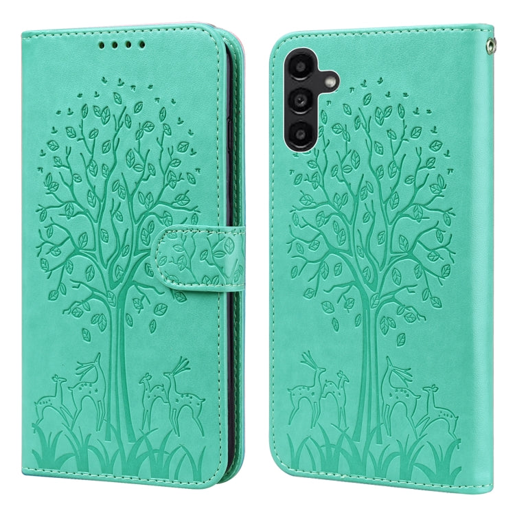 Tree & Deer Pattern Pressed Printing Horizontal Flip Leather Phone Case, For Samsung Galaxy S23 5G, For Samsung Galaxy S23+ 5G, For Samsung Galaxy S23 Ultra 5G, For Samsung Galaxy A14 5G