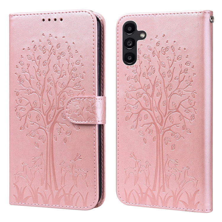 Tree & Deer Pattern Pressed Printing Horizontal Flip Leather Phone Case, For Samsung Galaxy S23 5G, For Samsung Galaxy S23+ 5G, For Samsung Galaxy S23 Ultra 5G, For Samsung Galaxy A14 5G