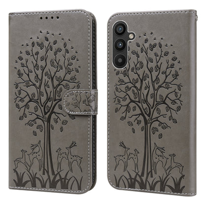 Tree & Deer Pattern Pressed Printing Horizontal Flip Leather Phone Case