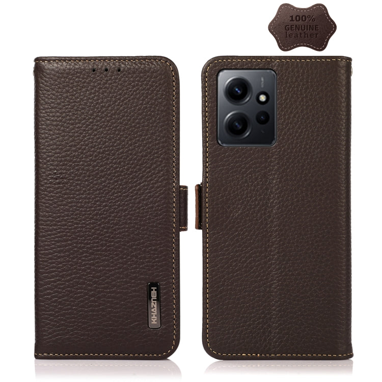 KHAZNEH Side-Magnetic Litchi Genuine Leather RFID Phone Case, For Google Pixel 7A, For Xiaomi Redmi Note 12 4G Global
