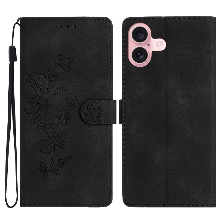 Flower Butterfly Embossing Pattern Leather Phone Case, For iPhone Air, For iPhone 16 Pro Max, For iPhone 16 Pro, For iPhone 16 Plus