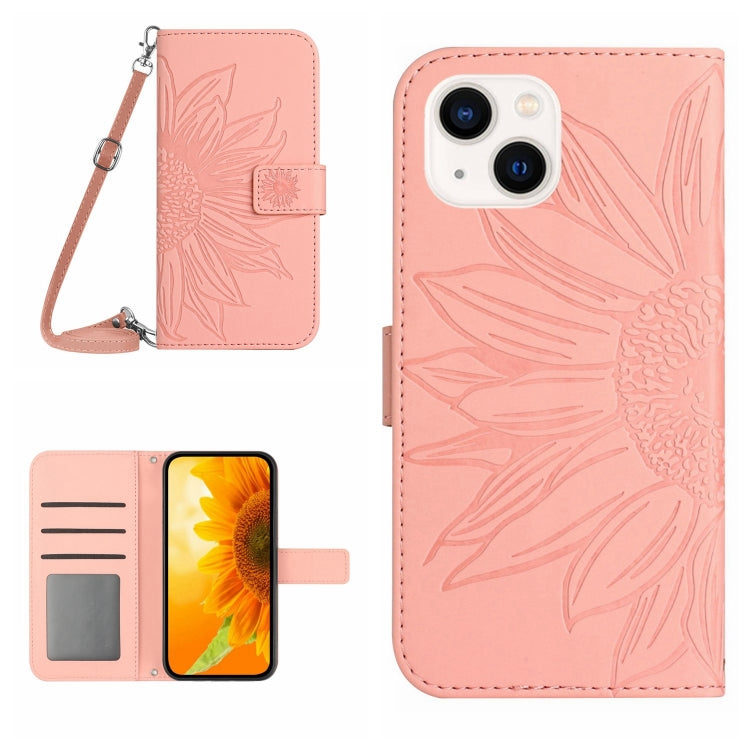 Skin Feel Sun Flower Embossed Flip Leather Phone Case with Lanyard, For iPhone 15