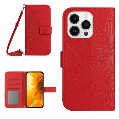Skin Feel Sun Flower Embossed Flip Leather Phone Case with Lanyard, For iPhone 16 Pro, For iPhone 16 Plus