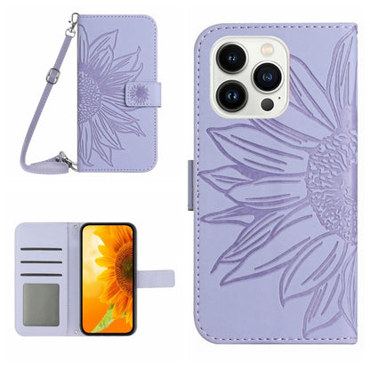 Skin Feel Sun Flower Embossed Flip Leather Phone Case with Lanyard, For iPhone 16 Pro, For iPhone 16 Plus