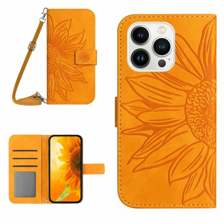 Skin Feel Sun Flower Embossed Flip Leather Phone Case with Lanyard, For iPhone 16 Pro, For iPhone 16 Plus