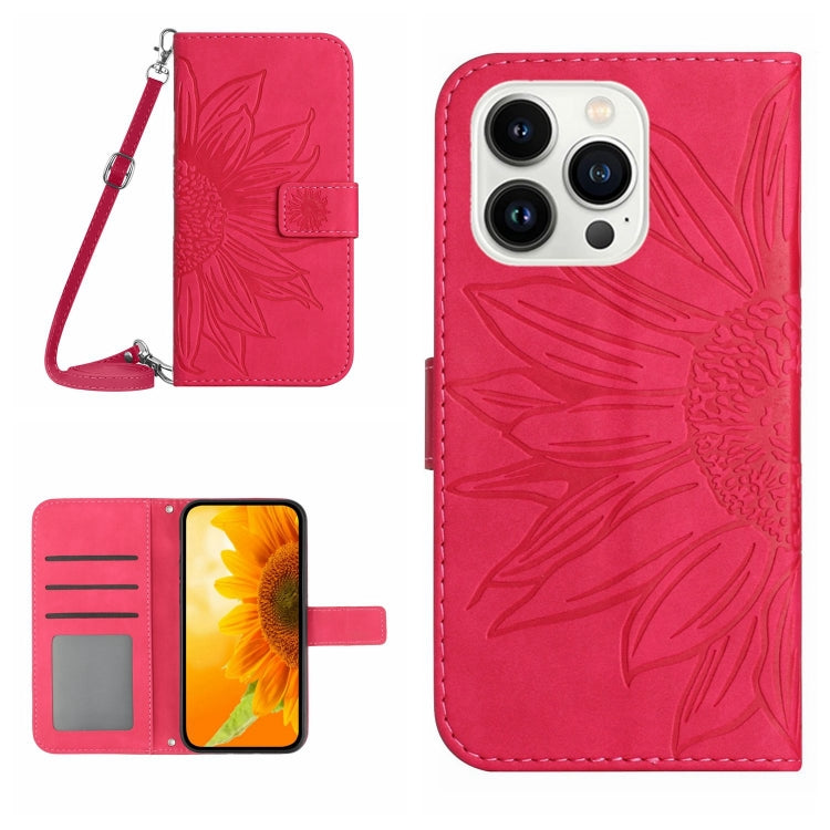Skin Feel Sun Flower Embossed Flip Leather Phone Case with Lanyard, For iPhone 16 Pro, For iPhone 16 Plus