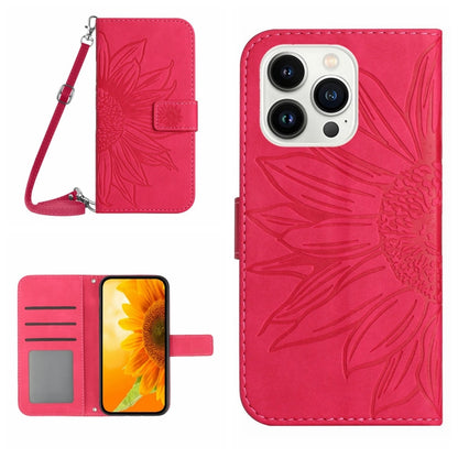 Skin Feel Sun Flower Embossed Flip Leather Phone Case with Lanyard, For iPhone 16 Pro, For iPhone 16 Plus