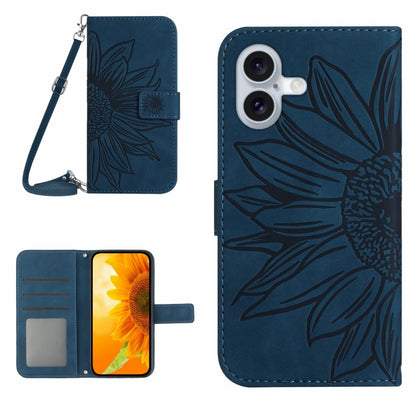 Skin Feel Sun Flower Embossed Flip Leather Phone Case with Lanyard, For iPhone 16, For iPhone 15 Pro Max