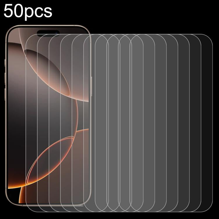 50pcs 0.26mm 9H 2.5D High Aluminum Tempered Glass Film, For iPhone 17 Pro Max, For iPhone 17 Pro / 17, For iPhone Air, For iPhone 16 Pro Max, For iPhone 16 Pro, For iPhone 16 Plus, For iPhone 16, For iPhone 15 Plus / 15 Pro Max, For iPhone 15 / 15 Pro