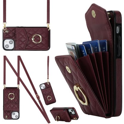 Rhombic Texture Card Bag Phone Case with Long Lanyard, For iPhone 14 Plus, For iPhone 14, For iPhone 14 Pro