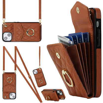 Rhombic Texture Card Bag Phone Case with Long Lanyard, For iPhone 14 Plus, For iPhone 14, For iPhone 14 Pro