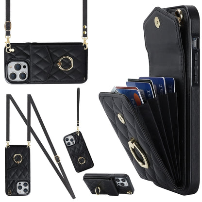 Rhombic Texture Card Bag Phone Case with Long Lanyard, For iPhone 14 Plus, For iPhone 14, For iPhone 14 Pro