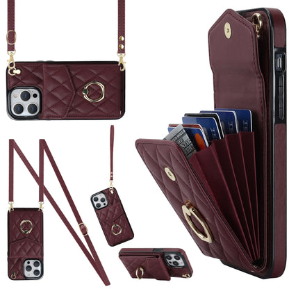 Rhombic Texture Card Bag Phone Case with Long Lanyard, For iPhone 14 Plus, For iPhone 14, For iPhone 14 Pro
