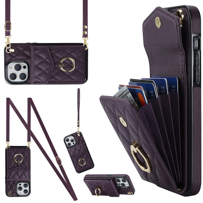 Rhombic Texture Card Bag Phone Case with Long Lanyard, For iPhone 14 Plus, For iPhone 14, For iPhone 14 Pro