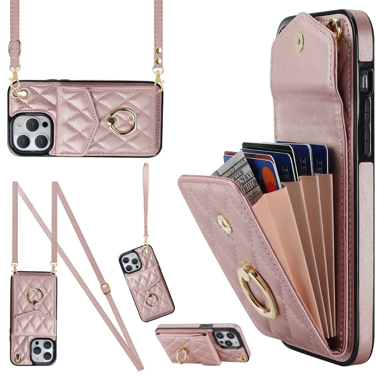 Rhombic Texture Card Bag Phone Case with Long Lanyard