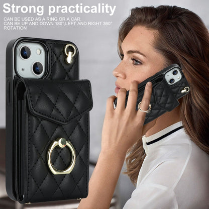Rhombic Texture Card Bag Phone Case with Long Lanyard