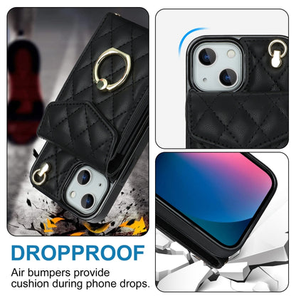 Rhombic Texture Card Bag Phone Case with Long Lanyard