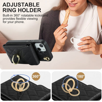 Rhombic Texture Card Bag Phone Case with Long Lanyard