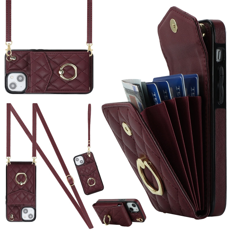 Rhombic Texture Card Bag Phone Case with Long Lanyard