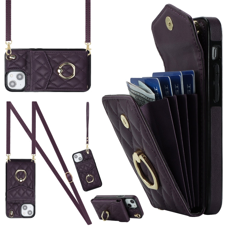 Rhombic Texture Card Bag Phone Case with Long Lanyard