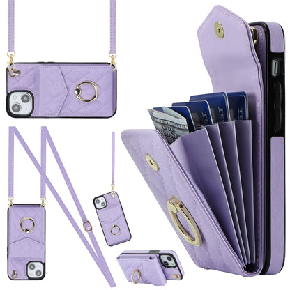 Rhombic Texture Card Bag Phone Case with Long Lanyard
