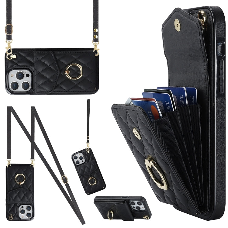 Rhombic Texture Card Bag Phone Case with Long Lanyard