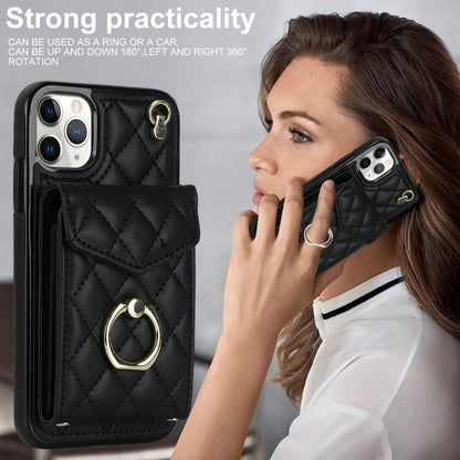 Rhombic Texture Card Bag Phone Case with Long Lanyard