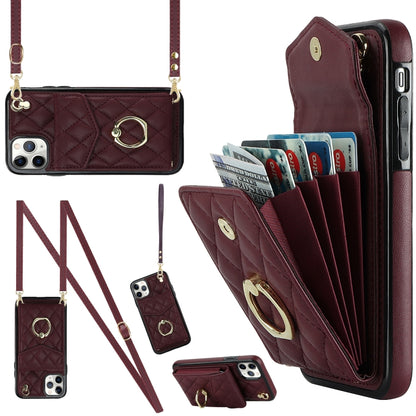 Rhombic Texture Card Bag Phone Case with Long Lanyard