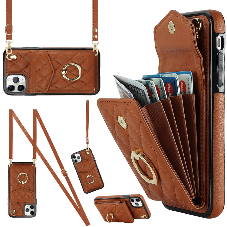 Rhombic Texture Card Bag Phone Case with Long Lanyard