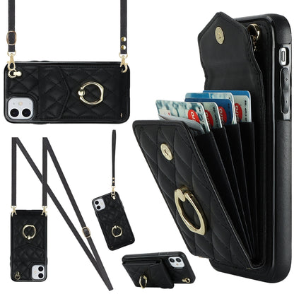 Rhombic Texture Card Bag Phone Case with Long Lanyard