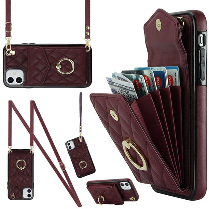 Rhombic Texture Card Bag Phone Case with Long Lanyard