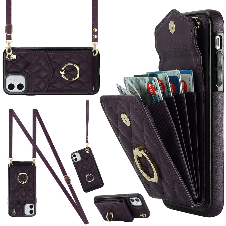 Rhombic Texture Card Bag Phone Case with Long Lanyard