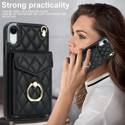Rhombic Texture Card Bag Phone Case with Long Lanyard