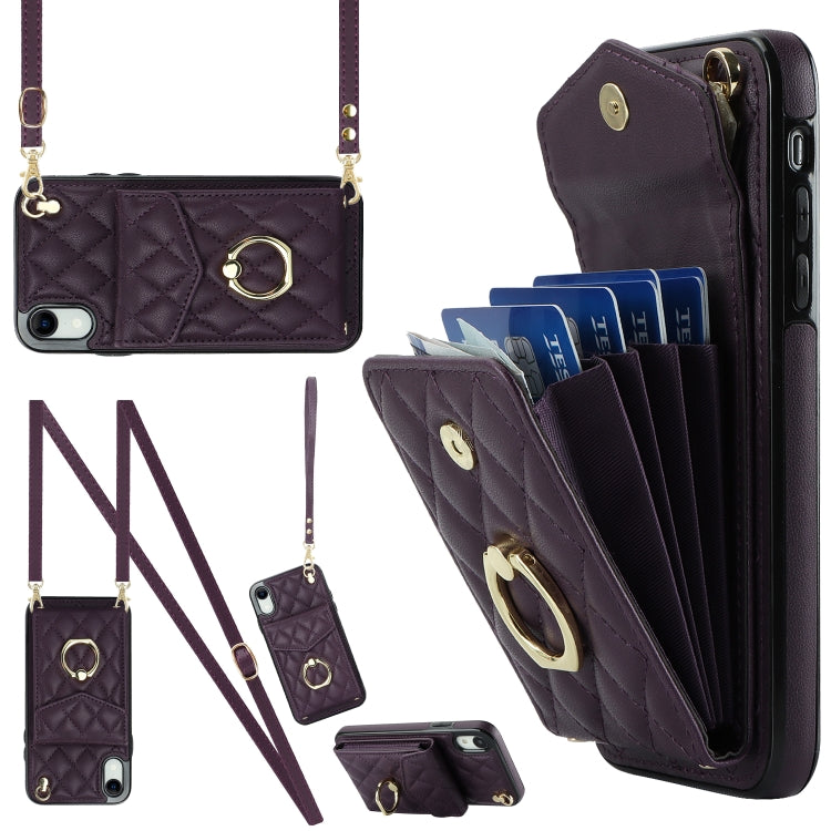 Rhombic Texture Card Bag Phone Case with Long Lanyard