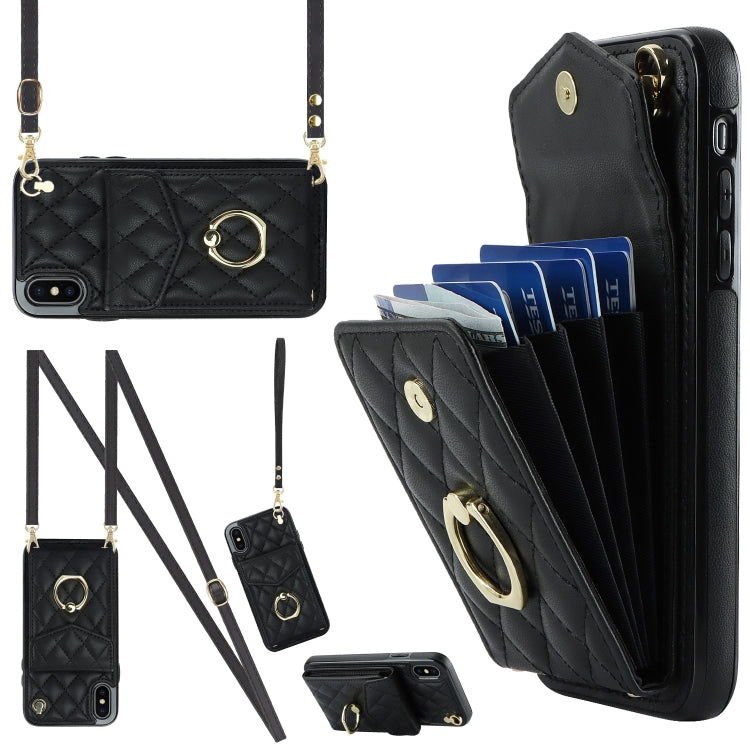 Rhombic Texture Card Bag Phone Case with Long Lanyard
