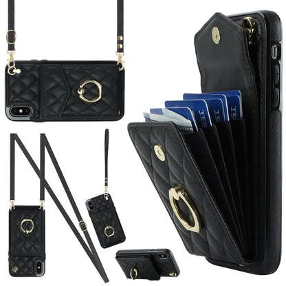 Rhombic Texture Card Bag Phone Case with Long Lanyard