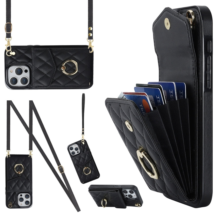 Rhombic Texture Card Bag Phone Case with Long Lanyard