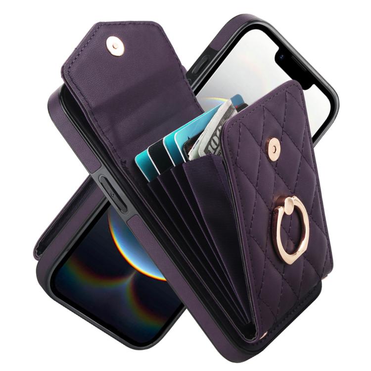 Rhombic Texture Card Bag Phone Case with Long Lanyard