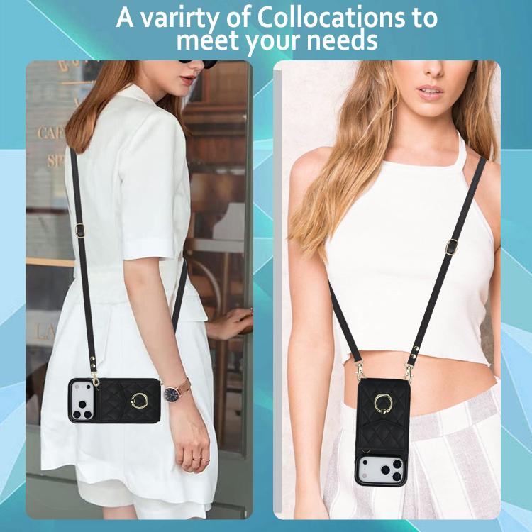 Rhombic Texture Card Bag Phone Case with Long Lanyard